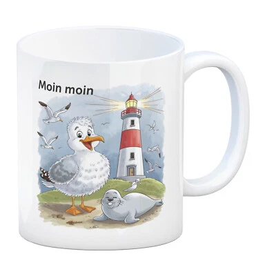 Fröhliche Möwe und Leuchtturm Kaffeebecher - MOIN MOIN - Bild 1 von 4