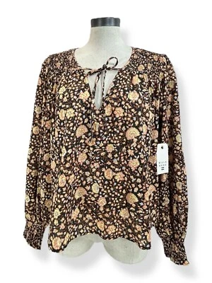 BILLABONG Blouse Sz M Black Orange Floral VNeck Tie Peasant Sleeve Cotton Woven - Image 1 of 4