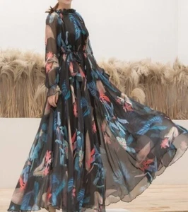 Maya Antonia Chiffon Maxikleid, schwarz tropisch Langarm/Boho/Sommer - Bild 1 von 8