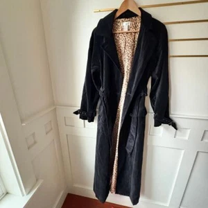 VINTAGE SPIEGEL Black Velvet Long Trench Coat, Leopard Print Lining Jacket SZ 12 - Picture 1 of 20