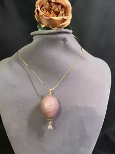 Gold Toned Herringbone Necklace W Pink Glittery Egg Pendant ; Fashion Jewelry - Picture 1 of 10