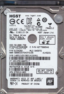 HGST HTS541075A9E680  p/n: 0J34282 mlc: DA5972  750GB SATA HDD  7704 - Image 1 of 2