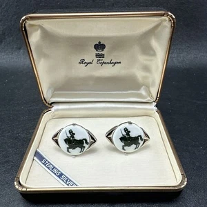Royal Copenhagen Sterling Authentic Cufflinks Round Horse Knight White Porcelain - Picture 1 of 6