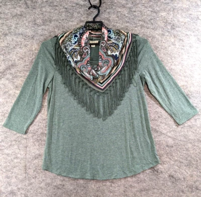 Energe Top Womens 16 Small Green Jersey Knit Detachable Paisley Scarf Fringe - Image 1 of 4