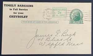 West Springfield, MA #UX39 Postal Card mailed Sep 18, 1952 - Chevy Auto Service - Picture 1 of 2