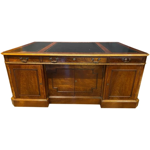 Nicely Paneled Mahogany & Burled Walnut Veneered Leather Top Partners Desk Cover