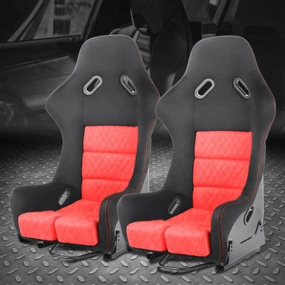 Pair Universal Red Suede Leather Fixed Position Racing Bucket Seats w/ Sliders Foto 1 de 4