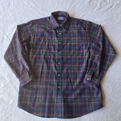 Pendleton Lodge Flannel Shirt Mens Large Green Blue Virgin Wool Plaid Button Up - Image 1 of 4