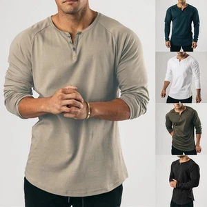 Men's Casual V Neck Button Long Sleeve T Shirt Solid Tee Top Black M 3XL - Picture 1 of 32