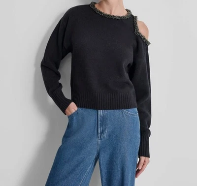 DKNY Women's Black Wool Cashmere Embellished Cold-Shoulder Sweater Size L - Image 1 of 4