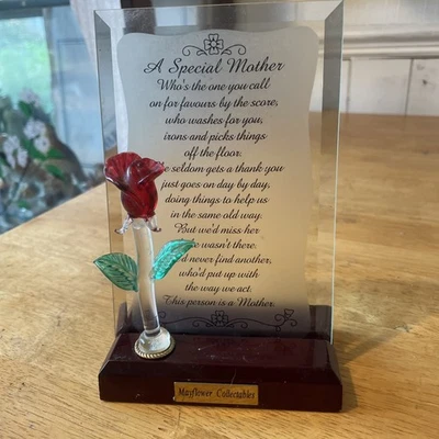 6" Tall Etched Glass Message "A Wonderful Friend" w/glass Rose Décor on Stand - Image 1 of 4