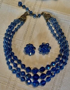 Vintage 3 strand necklace & earrings set, blue crystal beads,silver tone - Picture 1 of 3