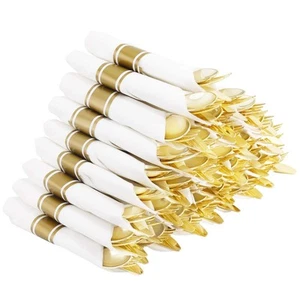 60 Pack Pre Rolled Napkins with Gold Plastic Silverware, Premium Disposable G... - Picture 1 of 8