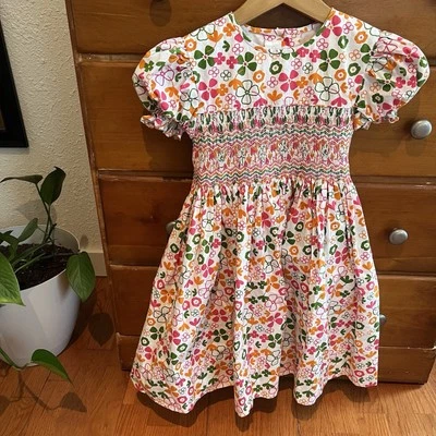 Strasburg Smocked Dress Girls 6Y Pink Orange Green Floral Short Sleeve Summer - Image 1 of 4