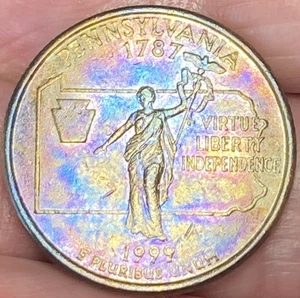 1999-D Pennsylvania State Quarter Beautiful Lustrous Rainbow Toned Coin #17 - Picture 1 of 12