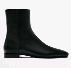 Massimo Dutti Square Toe Leather Ankle Side Zipper Boots Black uk 4 eu 37 - Picture 1 of 8