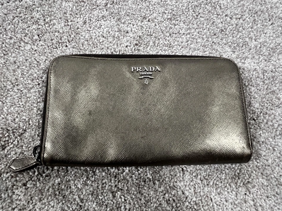 Prada Wallet Womens Metallic Leather Zip Around Black Card Holder Made In Italy - Image 1 of 4