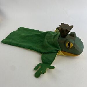 Vintage Wood Carved Head Puppet Green Frog Prince Wooden Fabric Handmade? Rare