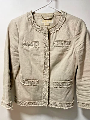 Michael Kors Beige Khaki Linen Peplum Button Down Jacket Blazer - Image 1 of 4