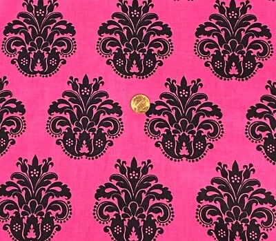 Hot Pink & Black Damask Cotton Fabric by Brothers & Sisters Design, BTHY - Image 1 of 4
