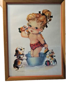 VTG LITTLE CHARMER PRINT by MINIUBO.S -GIRL BATH IN METAL WASH TUB,CAT & DOG - Picture 1 of 5