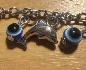 10.25 In Dolphin Dangle Charm Ankle Bracelet with Blue Beads - Picture 1 of 5