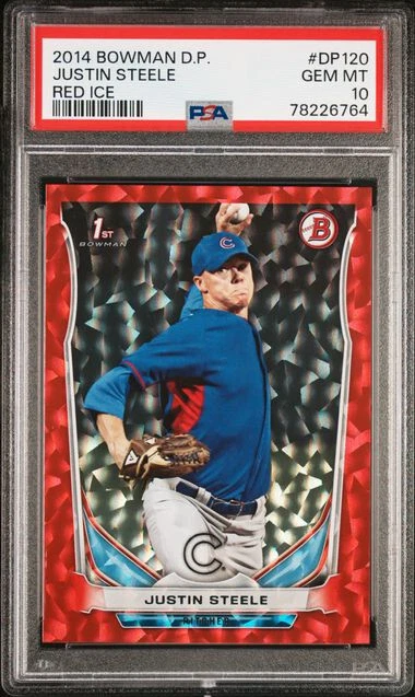 2014 Justin Steele Bowman Draft Picks Red Ice DP 120 PSA 10 83 /150 - Image 1 of 2