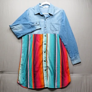 CRAZY TRAIN WOMEN'S BLUE LONG SLEEVE JEAN SHIRT WITH SERAPE PRINT DRESS SIZE M - Picture 1 of 11