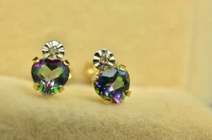 10K Yellow Gold Heart Cut Mystic Topaz Stud Earrings w/ CZ Accents - Picture 1 of 3