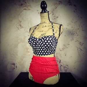 Retro Red and Black High-Waist Polkadot Bikini - Picture 1 of 17