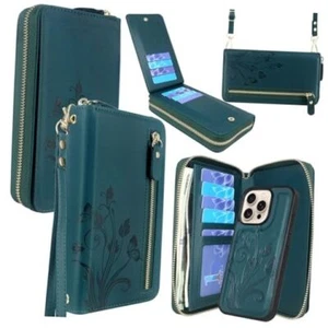 Lacass for iPhone 16 Pro 6.3 Inch 2024 Wallet Case, Crossbody Floral Cyan Green - Picture 1 of 7