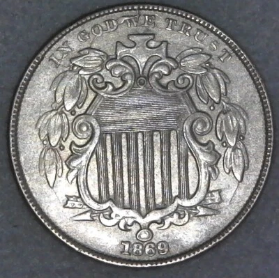 1869 SHIELD NICKEL  ~Die Break ~ Retained Lamination ~ Uncirculated ~ MS Cond. - Image 1 of 4