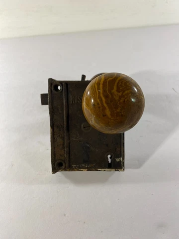 VIntage Russwin Door Lock Assembly mortise Rim Brown Porcelain knobs 2" Tiger Cover