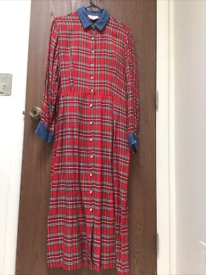 Vestido Country Wear xadrez vermelho acabamento jeans 100% rayon maxi, botões, tamanho 12 ou M - Imagem 1 de 4
