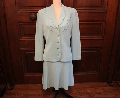 Elegant Vintage CastleBerry Petite 14 Turquoise Knit 2 Piece Skirt Suit - Image 1 of 4