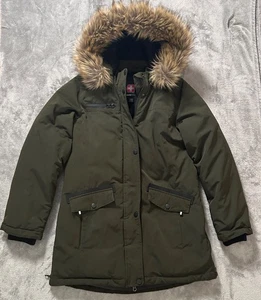 Swiss + Tech Jacket Youth Size XL 14 / 16 Green Parka Faux Fur Hood Quilted EC - Picture 1 of 16