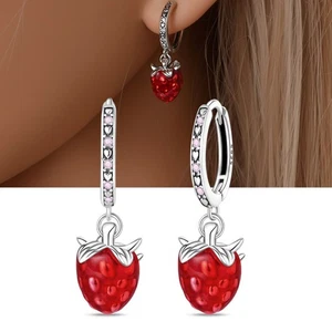 KUNSIR 925 Sterling Silver Sweet Strawberry Dangle Earrings For Women Jewelry - Picture 1 of 6