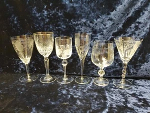 6) Mismatched Wine Glasses Etched, Cut, WWhittier, Heisey, Whittwer, - Picture 1 of 7