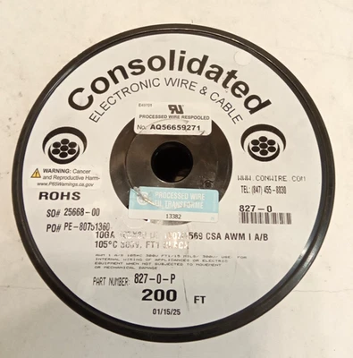 Consolidated 827-0-P 105 Strands x 30 AWG Tinned Copper Wire 10GA 300V BLK 200' - Image 1 of 3