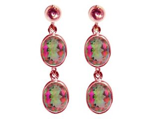 9ct Rose Gold Natural Mystic Topaz Oval Double Drop Dangling Studs Earrings