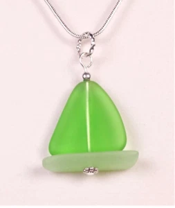 SAILBOAT Sea glass SHAMROCK GREEN sail opaque seafoam hull NAUTICAL + 18" chain - Picture 1 of 4