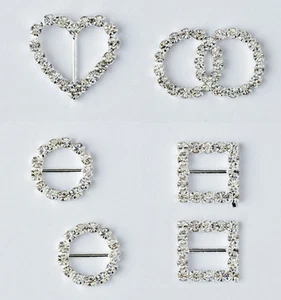 24 PCS RHINESTONE DIAMOND CRYSTAL BUCKLE INVITATION RIBBON SLIDERS CHARMS - Picture 1 of 11