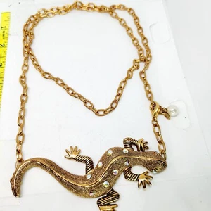 VTG Large Lizard Gold Tone Metal Chain Link Charm Belt Adjustable Rhinestone - Picture 1 of 7