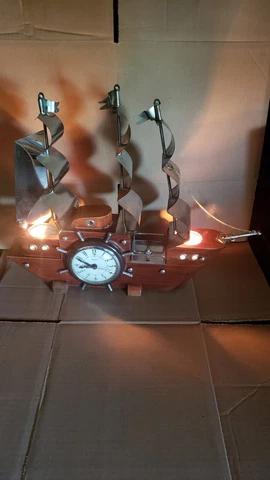 Vintage Mid Century United Wooden Ship Clock 3 Flags Lighted Model 811 - Tested Cover