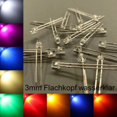 3mm LEDs Flachkopf wasserklar alle Farben inkl. Widerstände Leuchtdioden LED - Bild 1 von 3