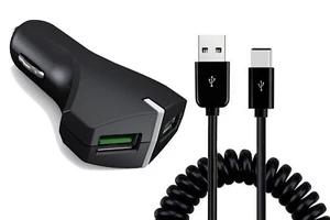 For iPhone 16/Pro/Max/Plus - 36W Fast Car Charger 2-Port USB Coiled Cable Type-C - Picture 1 of 6