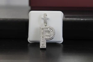 Sterling Silver With Moissanite Baguette Initial P Alphabet Hip Hop Pendant - Imagen 1 de 5
