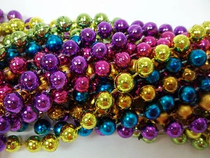 12 Purple Green Gold Pink Blue Orange Round Mardi Gras Bead Necklaces 48" 10mm - Picture 1 of 6