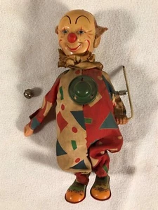 Vtg Smiling Sam Wind Up Tin Litho Circus Carnival Clown Tin Toy Swinging Cane - Picture 1 of 7
