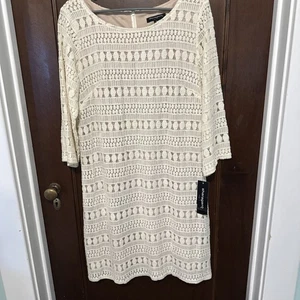 Sharagano Crochet Lace Dress 12 Ivory With Nude Lining Gorgeous NWT - Picture 1 of 7